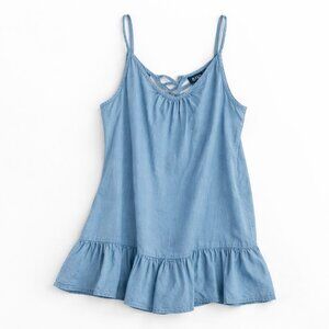 ana. Womens Chambray Tank Top Ruffle Hem Size L Lace Up Back Adjustable Strap